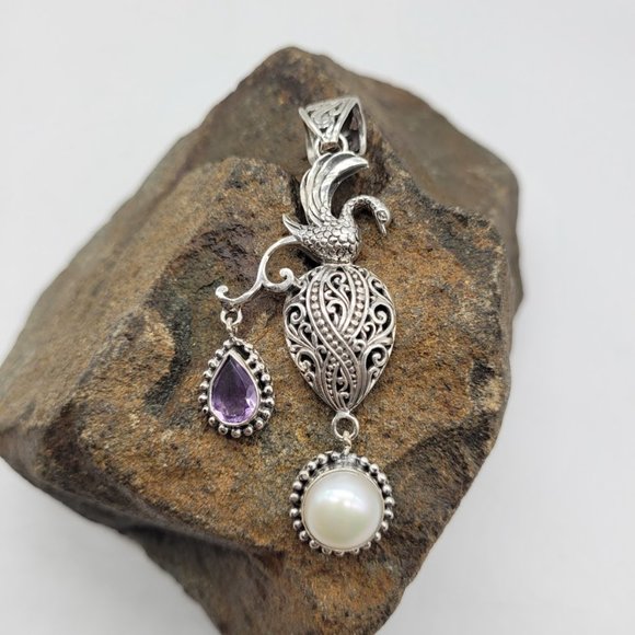 Silver Filigree Phoenix Swan Pendant Mabe Pearl Amethyst Statement Art - Picture 7 of 11